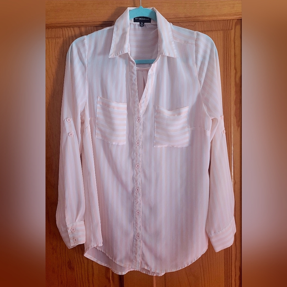 Womens Classic Sheer Collared Pink Striped Blouse with Roll Tab Sleeves Size XL